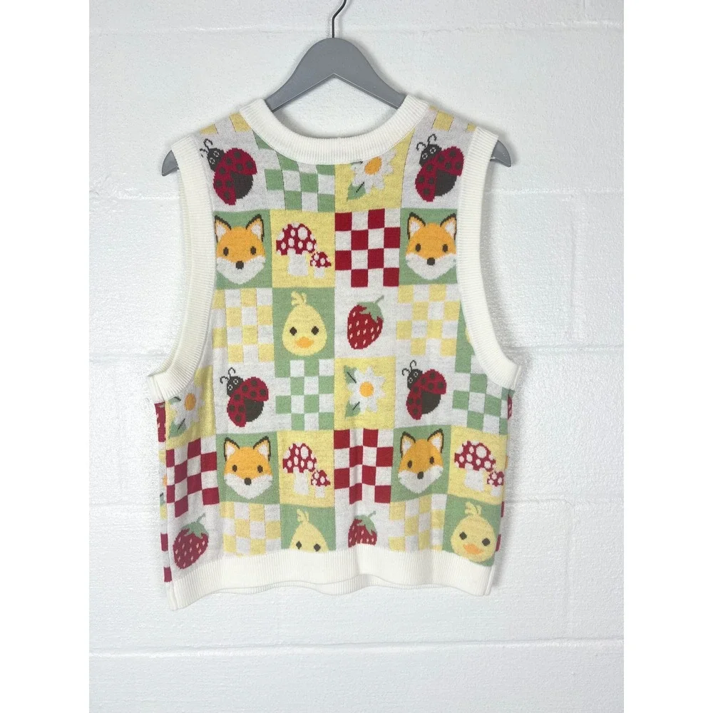 Thorn & Fable Cottagecore Fox Mushroom Chick Knit Sweater Vest XL Multi-Color